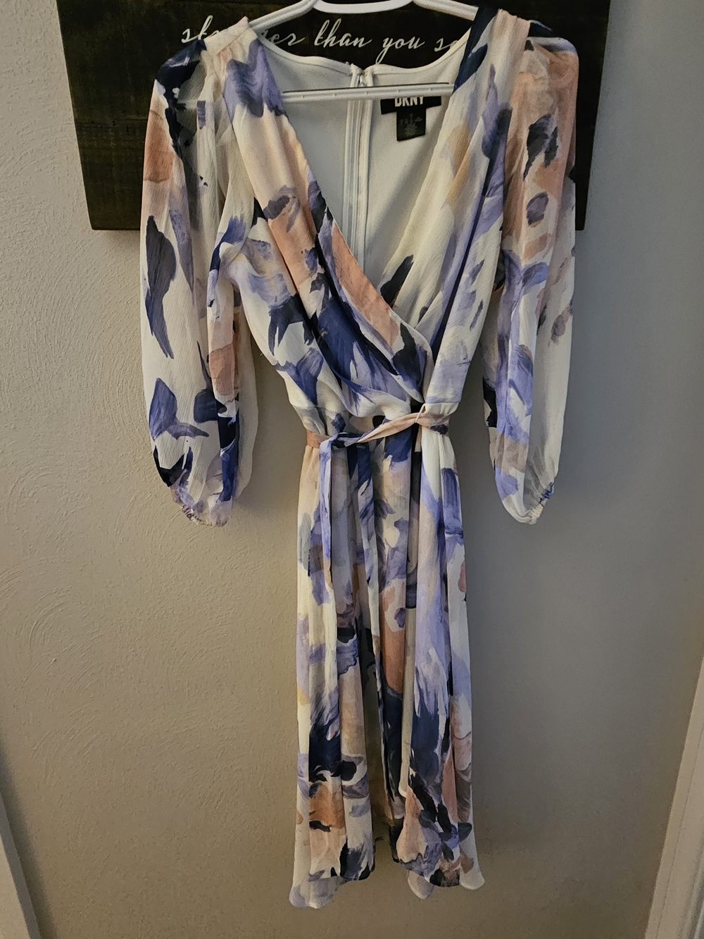 DKNY Floral Faux Wrap Midi High/low Dress in White with Blue, Purple & Pink
